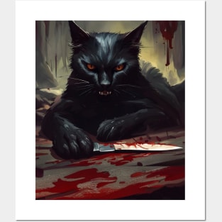 Murderous Black Cat With Knife Halloween Posters and Art